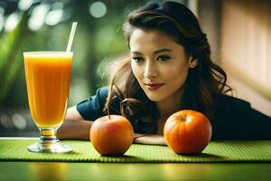 a woman is sitting at a table with an apple and orange juice. AI-Generated photo