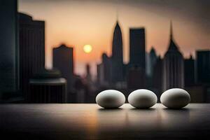 three eggs are sitting on a table in front of a city skyline. AI-Generated photo