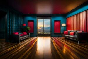 a living room with red and blue walls and wooden floors. AI-Generated photo