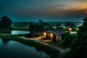 a small hut sits on the edge of a river at sunset. AI-Generated photo