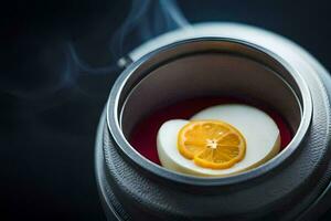 a hot pot with an egg and an orange slice. AI-Generated photo