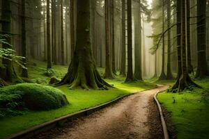 un camino mediante un bosque con alto arboles generado por ai foto