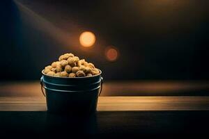 a bucket filled with peanuts on a table. AI-Generated photo