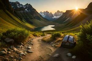 a tent is pitched on a path in the mountains. AI-Generated photo