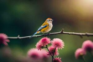 a bird sits on a branch with pink flowers. AI-Generated photo