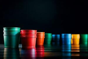 colorful plastic cups lined up on a black surface. AI-Generated photo