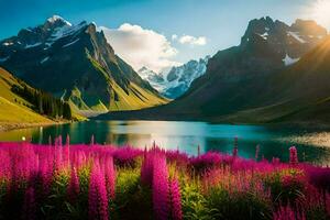 hermosa paisaje con púrpura flores y montañas. generado por ai foto