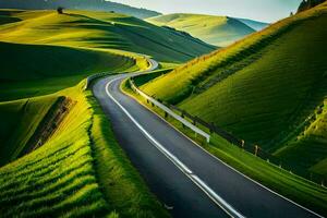 a winding road in the middle of green hills. AI-Generated photo
