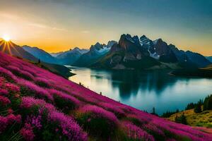 el Dom sube terminado el montañas y lago en esta hermosa paisaje. generado por ai foto