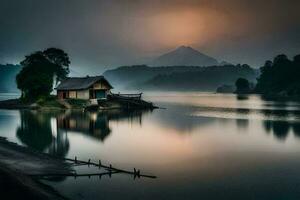 a small house sits on the shore of a lake. AI-Generated photo