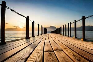 a wooden pier with a sunset in the background. AI-Generated photo