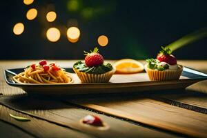 three small cupcakes with strawberries on a wooden table. AI-Generated photo