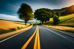 a long exposure photograph of a road with trees and grass. AI-Generated photo