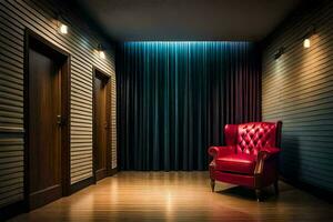 a red chair in a dark hallway. AI-Generated photo
