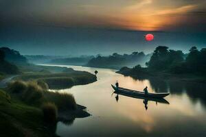 a man in a boat on a river at sunset. AI-Generated photo