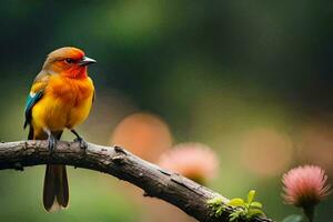 un vistoso pájaro se sienta en un rama. generado por ai foto