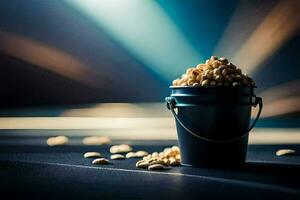 peanuts in a bucket on a dark table. AI-Generated photo