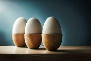 Tres de madera huevo conformado lamparas en un mesa. generado por ai foto