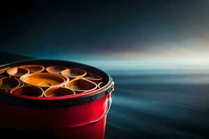 a red bucket with many tubes inside. AI-Generated photo