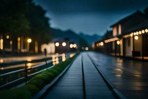 a long walkway in the rain with lights on. AI-Generated photo