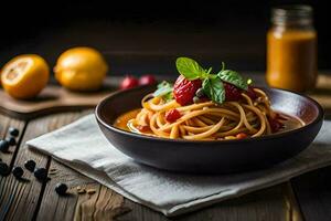 spaghetti with fresh berries and mint leaves in a bowl. AI-Generated photo