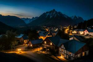 a village at night with mountains in the background. AI-Generated photo