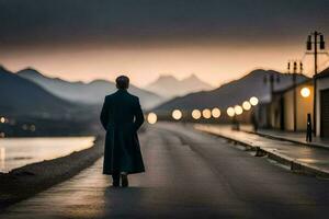 un hombre en un largo Saco camina abajo un la carretera a oscuridad. generado por ai foto