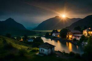 foto fondo de pantalla el cielo, montañas, agua, el sol, el luna, el montañas, el. generado por ai