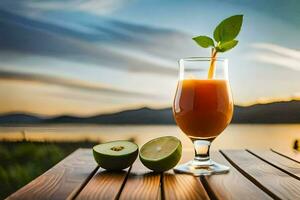 un vaso de naranja jugo con Lima en un de madera mesa. generado por ai foto