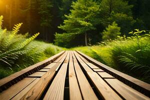 a wooden path in the middle of a lush green forest. AI-Generated photo