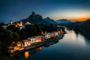 un río y un pueblo a puesta de sol. generado por ai foto