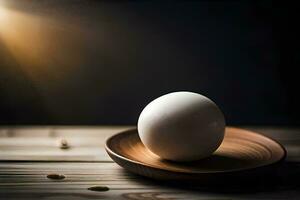 an egg on a wooden plate with a light behind it. AI-Generated photo