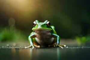 a frog sitting on the ground with a bright light behind it. AI-Generated photo