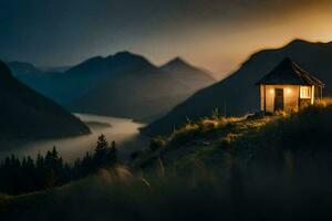 a small hut sits on the edge of a mountain at sunset. AI-Generated photo