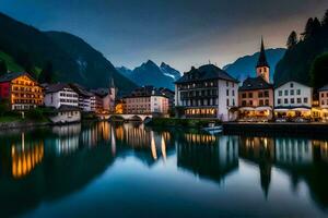 el pueblo de hallstatt, Austria. generado por ai foto