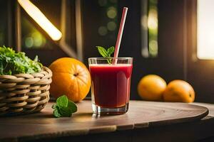 a glass of juice with a straw and oranges. AI-Generated photo