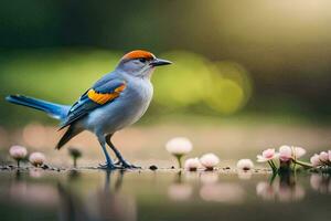 a bird with orange and blue feathers standing on the water. AI-Generated photo