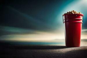 a red bucket with popcorn on top. AI-Generated photo