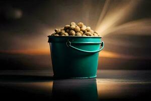 a bucket filled with peanuts on a table. AI-Generated photo