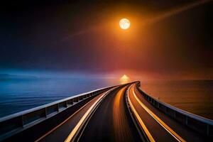 un largo puente con un brillante Luna en el cielo. generado por ai foto