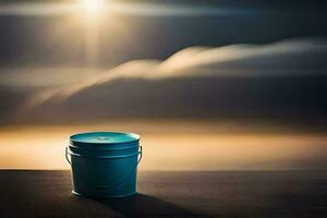 a blue bucket sitting on the ground with the sun shining. AI-Generated photo