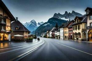a street in the alps with mountains in the background. AI-Generated photo