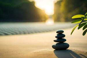 a stack of stones on the beach with a tree in the background. AI-Generated photo