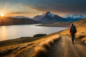 un persona con un mochila camina a lo largo un camino con vista a un lago y montañas. generado por ai foto