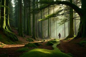 un persona caminando mediante un bosque con cubierto de musgo arboles generado por ai foto