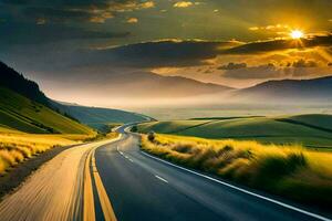 a road in the middle of a field with the sun setting. AI-Generated photo