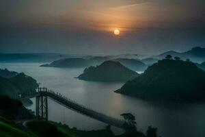 the sun sets over a bridge over a lake. AI-Generated photo