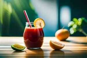 a glass of juice with a lemon slice and a straw. AI-Generated photo