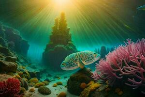 a fish swims in the ocean with coral and an underwater sun. AI-Generated photo
