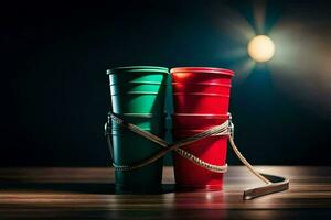 dos rojo tazas atado juntos con cuerda en un de madera mesa. generado por ai foto